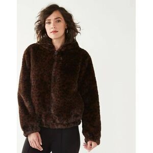 Nine West Women's Animal Print Faux-Fur Hooded Jacket Brown Cheetah Print Size S